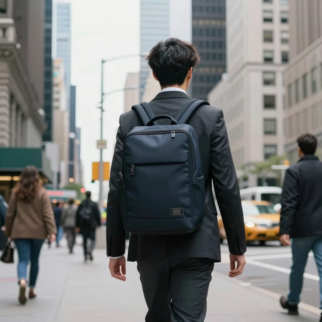 Professional using Srizelonwyvep backpack in urban setting