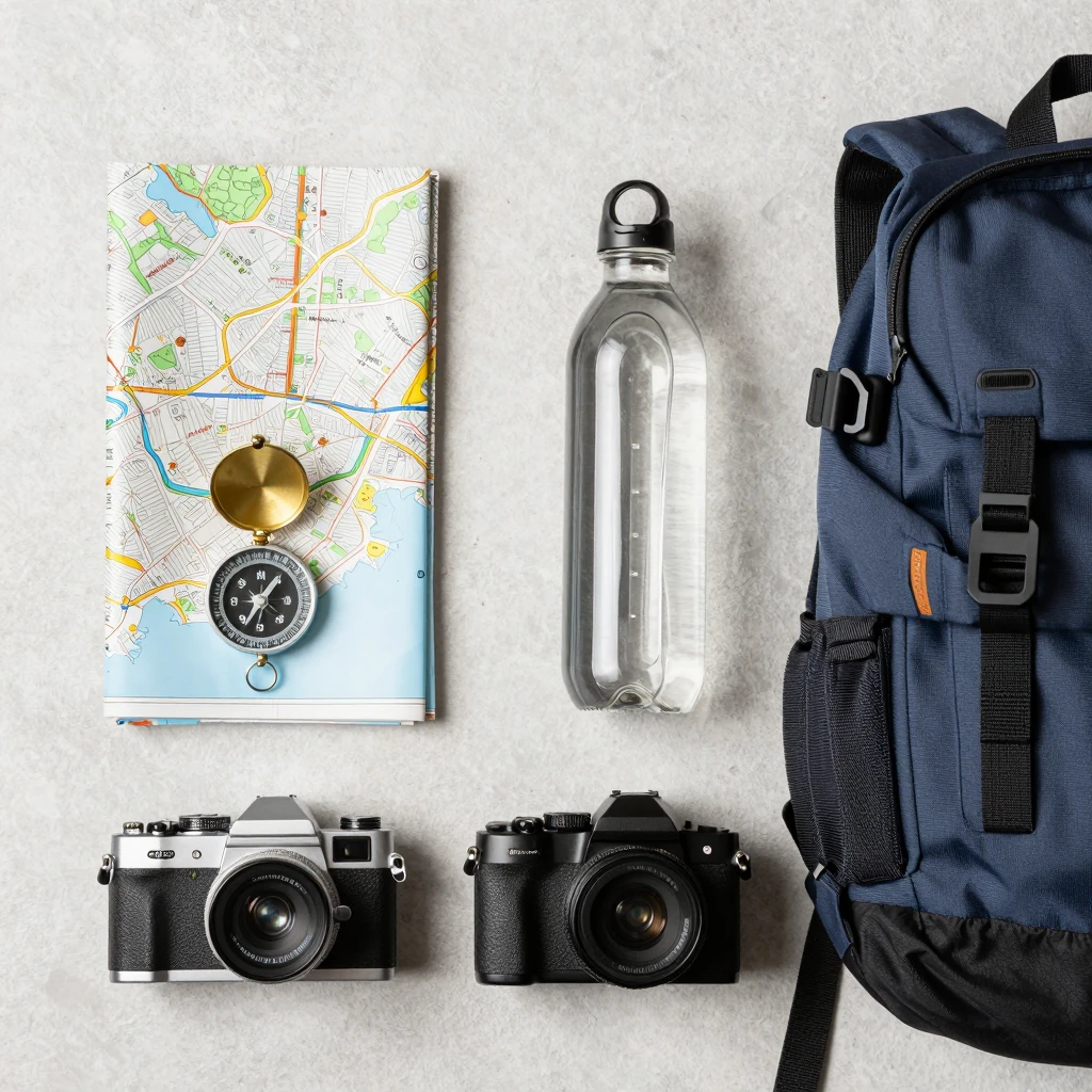 Organized travel essentials laid out with Srizelonwyvep backpack